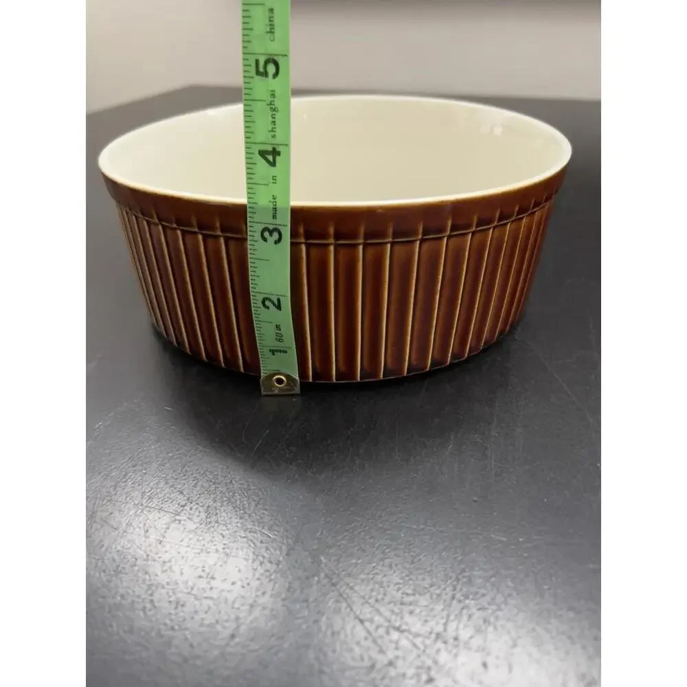 Vintage‎ Hall Brown Deep Souffle Dish with Vertical Ribbed Design